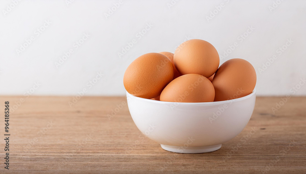 Brown chicken eggs in white ceramic bowl on wooden background. Fresh and natural food. Brown chicken eggs in white ceramic bowl on wooden background. Fresh and natural food.