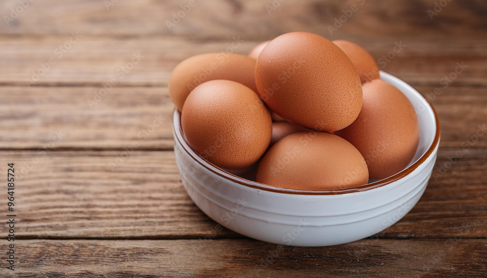 Brown chicken eggs in white ceramic bowl on wooden background. Fresh and natural food. Brown chicken eggs in white ceramic bowl on wooden background. Fresh and natural food.