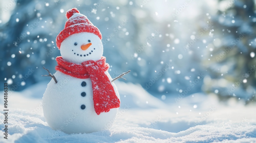 Classic snowman with a carrot nose, stick arms, and coal eyes is enjoying a beautiful snowy day in the forest. The falling snow creates a magical winter wonderland atmosphere Classic snowman with a carrot nose, stick arms, and coal eyes is enjoying a beautiful snowy day in the forest. The falling snow creates a magical winter wonderland atmosphere
