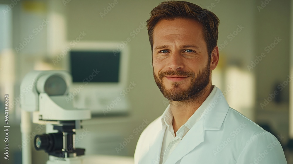 80s-Inspired Ophthalmologist with Advanced Tools An ophthalmologist in an 80s style using advanced eye examination equipment.Stock Photo with copy space