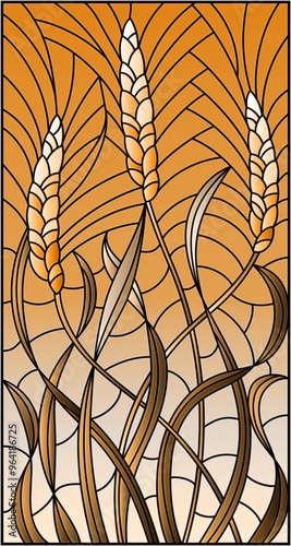Illustration in stained glass style with spikes of cereal plants on a sky background, tone brown