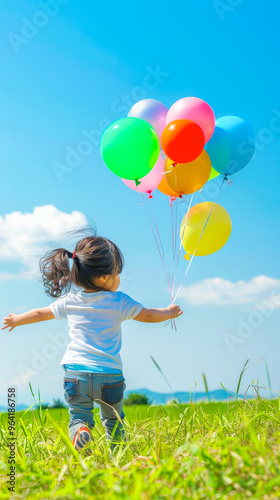 A young girl with pigtails runs across a grassy field with her back to the camera, holding a bunch of colorful balloons