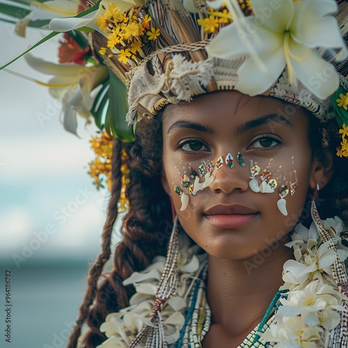 A young Torres Strait Islander woman wearing traditional attire at the Darnley Island