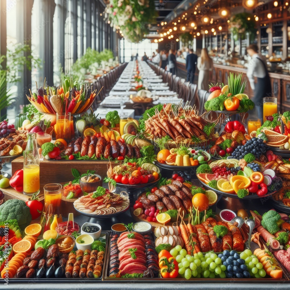 catering buffet food indoor in restaurant with meat colorful fruits and vegetables.
catering buffet food indoor in restaurant with meat colorful fruits and vegetables.