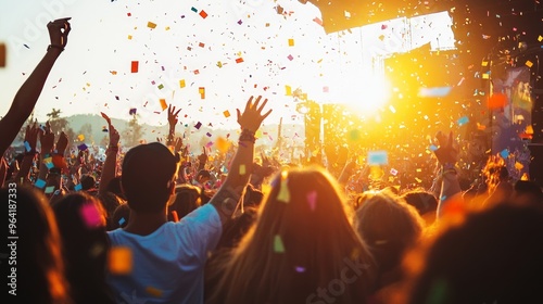 Lively sunset music festival with a huge crowd dancing happily under the golden hour sky, enjoying confetti and live music photo