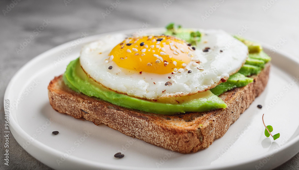 Toasted bread with avocado and fried egg. Delicious and healthy sandwich. Cooking and culinary Toasted bread with avocado and fried egg. Delicious and healthy sandwich. Cooking and culinary