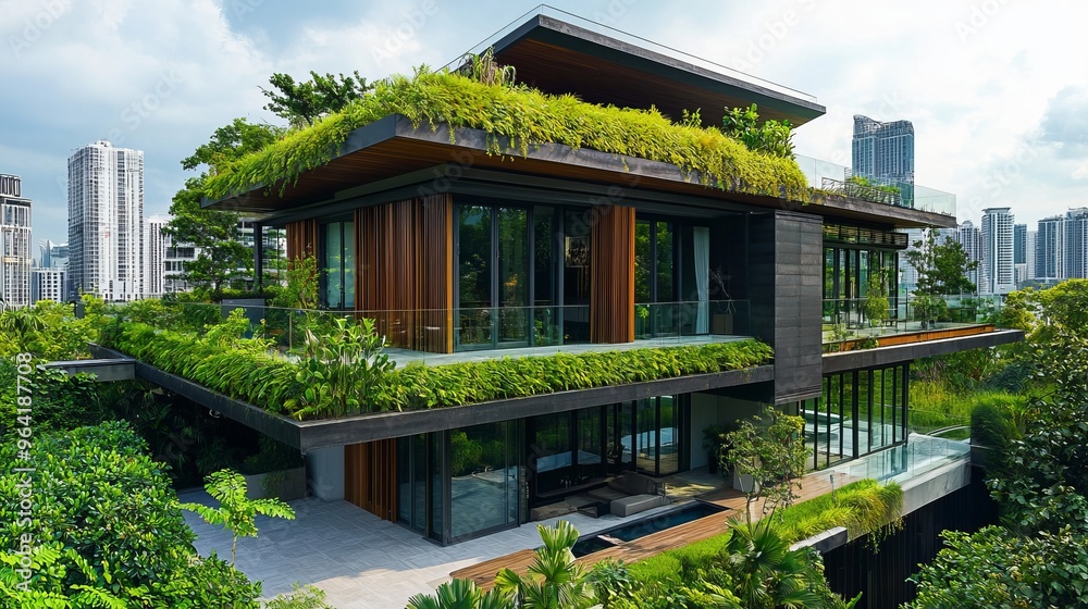 Modern house with green roof and swimming pool surrounded by lush greenery. Modern house with green roof and swimming pool surrounded by lush greenery.