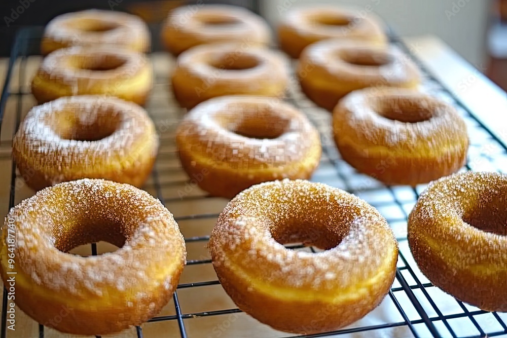 A batch of baked pumpkin donuts dusted with cinnamon sugar, arranged on a cooling rack A batch of baked pumpkin donuts dusted with cinnamon sugar, arranged on a cooling rack