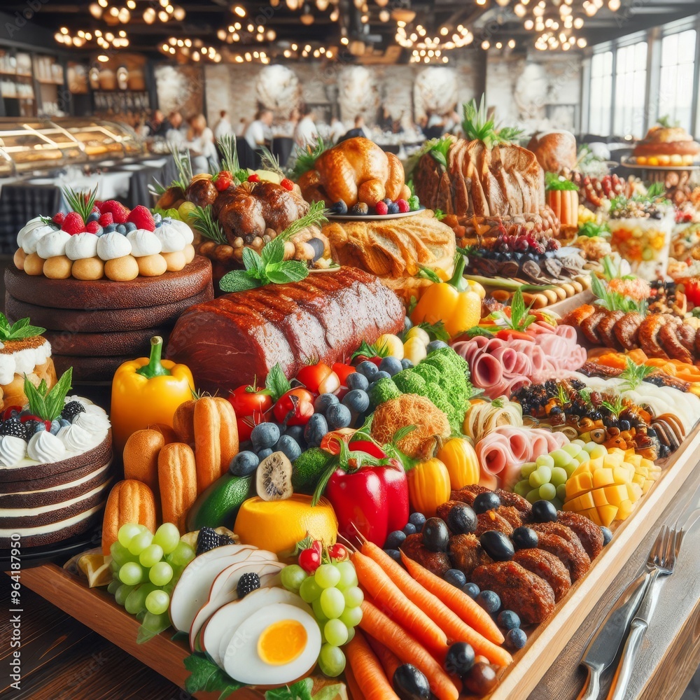 Fototapeta premium catering buffet food indoor in restaurant with meat colorful fruits and vegetables. 