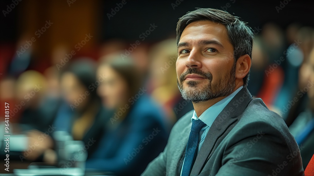 Business conference attendees in a modern seminar hall engaged in listening, new beautiful stock image illustration AI Business conference attendees in a modern seminar hall engaged in listening, new beautiful stock image illustration AI