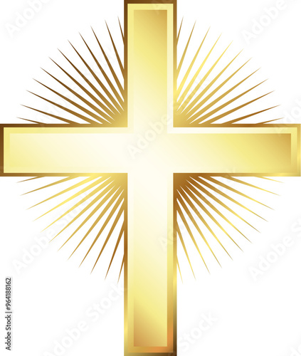 Golden Christian cross with glow rays