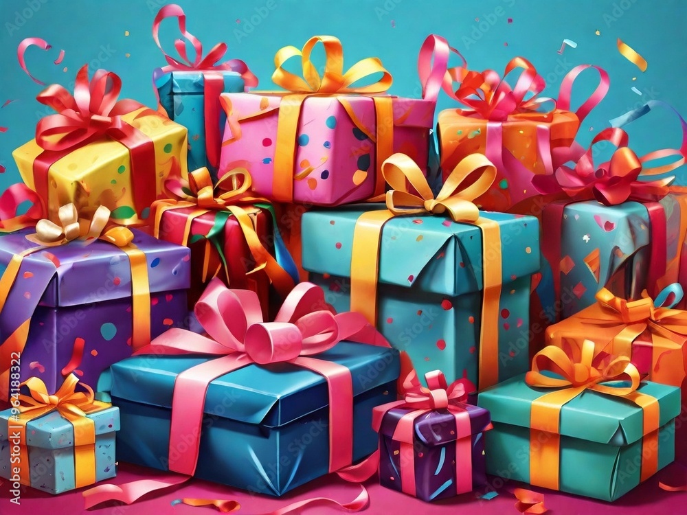Ready to be opened for a celebration. The vibrant colors and festive wrapping create an exciting and cheerful atmosphere for a birthday party. Ready to be opened for a celebration. The vibrant colors and festive wrapping create an exciting and cheerful atmosphere for a birthday party.