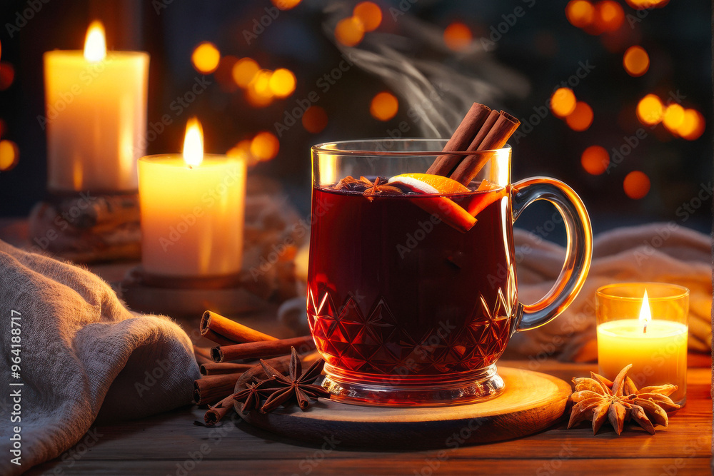 Cozy Autumnal Treat: Mulled Wine – A steaming mug of mulled wine with floating slices of orange, cloves, and cinnamon sticks. The mug surrounded by cozy blankets and warm autumn light. generative AI Cozy Autumnal Treat: Mulled Wine – A steaming mug of mulled wine with floating slices of orange, cloves, and cinnamon sticks. The mug surrounded by cozy blankets and warm autumn light. generative AI