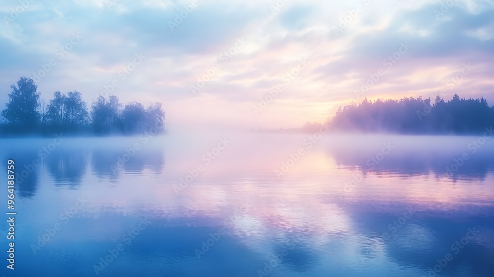 Fototapeta premium Ethereal Mist Over Tranquil Lake at Pastel Sunrise with Gentle Reflections