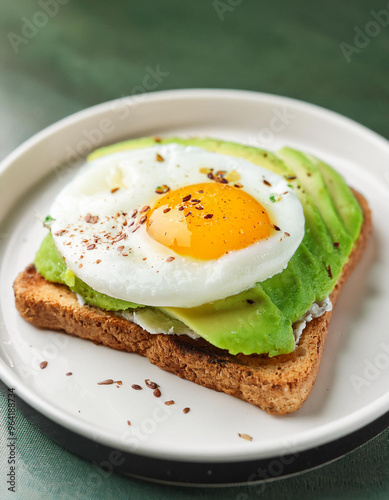 Toasted bread with avocado and fried egg. Delicious and healthy sandwich. Cooking and culinary