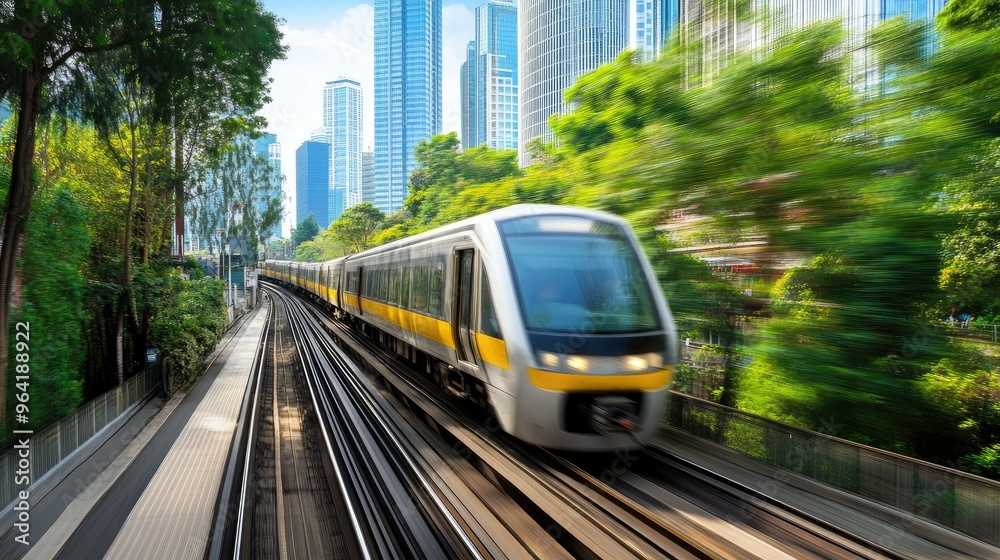Obraz premium Speeding train passing through urban landscape