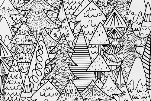  Arrière plan noir et blanc avec motif graphique sapin de Noel pour colorier