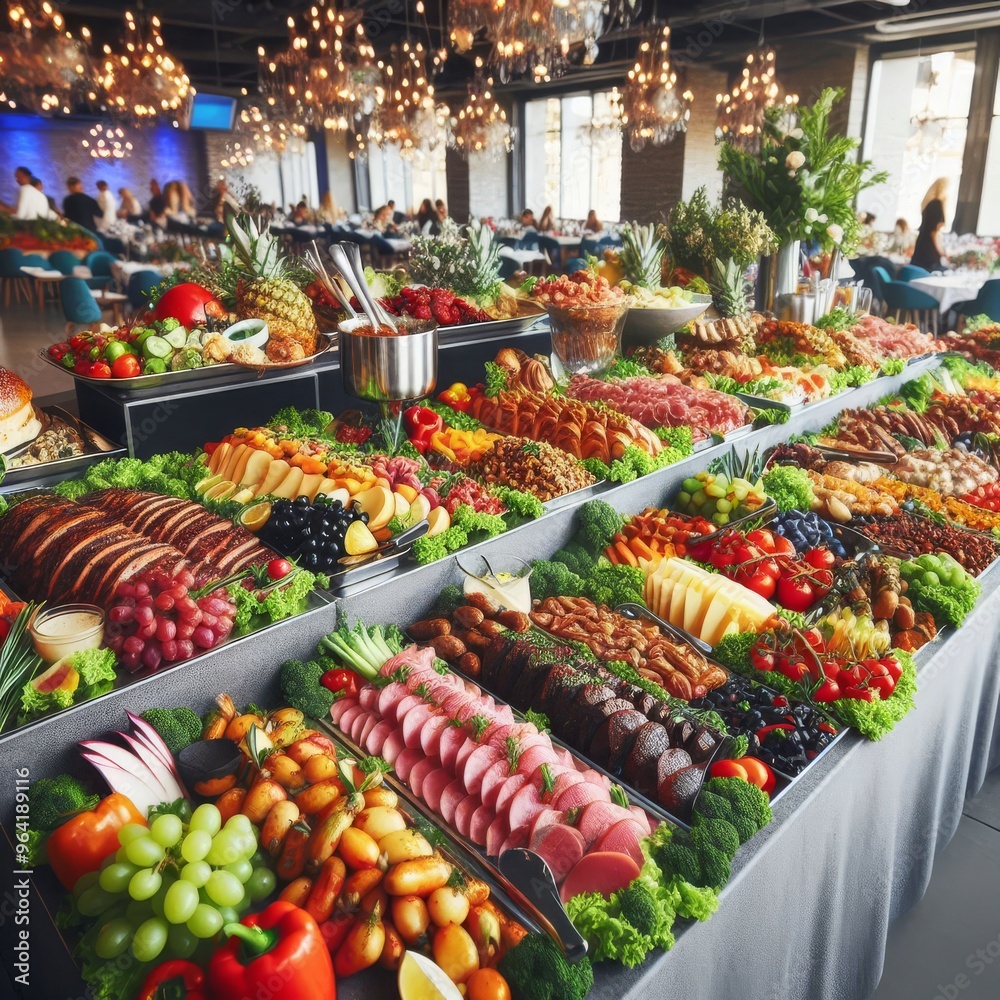 Fototapeta premium catering buffet food indoor in restaurant with meat colorful fruits and vegetables.