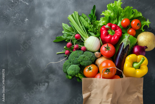 Paper bag full of fresh vegetables and fruits.