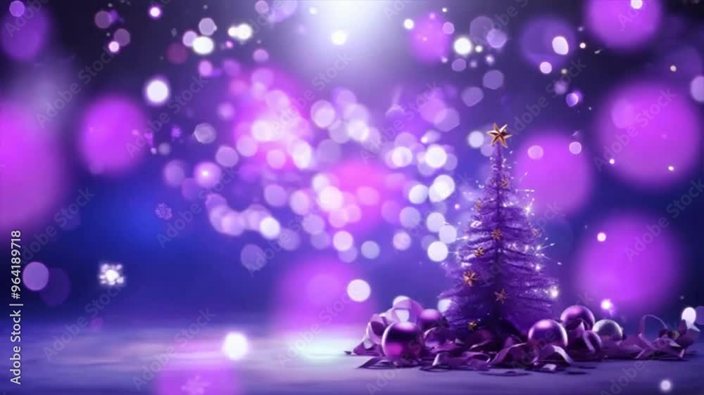 Happy New Year! Purple christmas background with bokeh lights and christmas tree, New Year or x-mas purple banner bokeh background with room for text