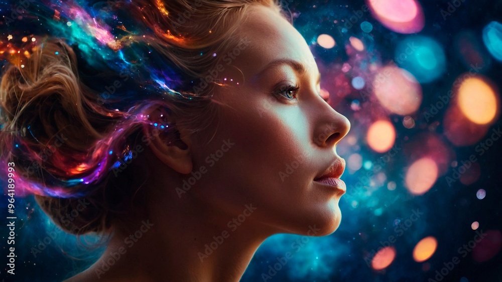 A sensual closeup portrait of a beautiful pensive woman model with closed eyes surrounded by vibrant nebulas and galaxies. Medium clairoyant magic photo illustration concept. A sensual closeup portrait of a beautiful pensive woman model with closed eyes surrounded by vibrant nebulas and galaxies. Medium clairoyant magic photo illustration concept.