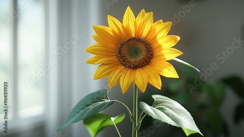 A vibrant sunflower in a bright indoor setting.