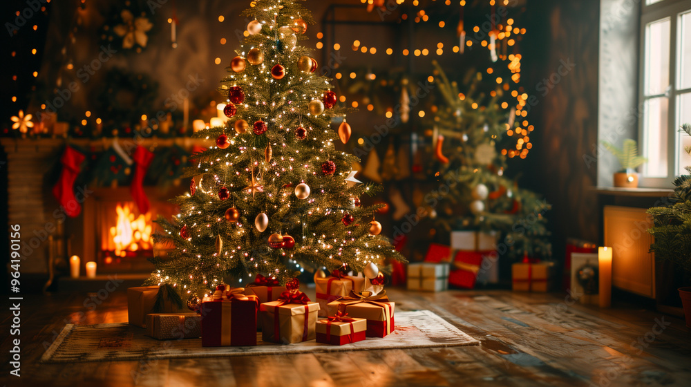 A decorated Christmas tree glowing in a dimly lit room, sparkling ornaments and bright string lights, presents neatly arranged underneath, magical and warm holiday atmosphere A decorated Christmas tree glowing in a dimly lit room, sparkling ornaments and bright string lights, presents neatly arranged underneath, magical and warm holiday atmosphere