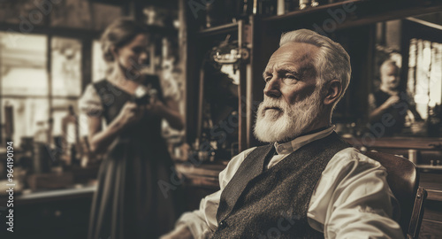 elderly man sits in a vintage barber shop, 