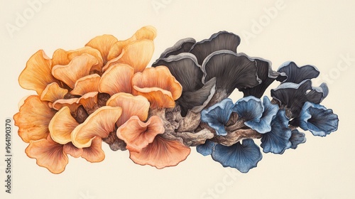 Detailed botanical drawing showcasing different mushrooms photo