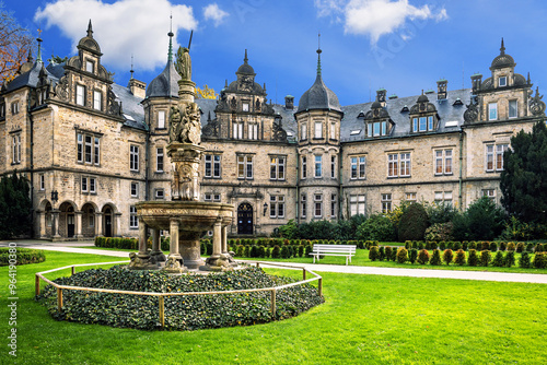 The old residence town of Bückeburg. This castle Bückeburg with Virtue fountain in the style of the Weser Renaissance. The virtue fountain dates back to 1552. 