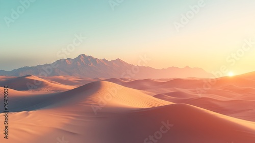 Serene Desert Landscape with Distant Mountains and Soft Shadows at Sunset