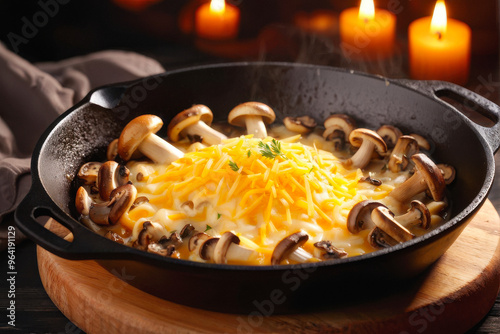 Cozy Mushroom Julienne with Cheesy Topping – A bubbling dish of mushroom julienne in a small, cast-iron skillet, topped with golden-brown cheese. generative AI photo