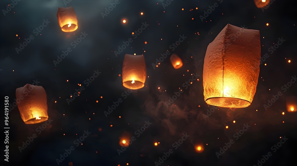 Obraz premium Peaceful Glowing Lanterns Floating in the Tranquil Night Sky