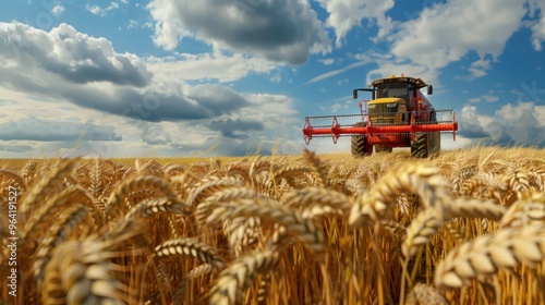 Wheat harvesting in a vast sunset field photo