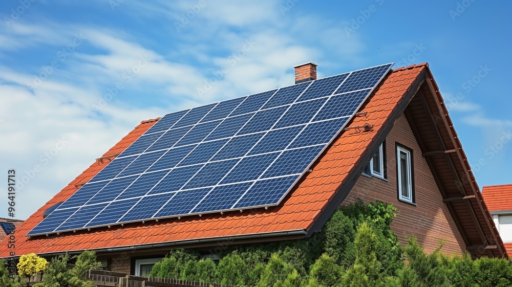 Fototapeta premium House with solar panels on roof under clear blue sky