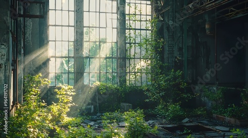 Overgrown Abandoned Factory with Sunlight Filtering Through Broken Windows