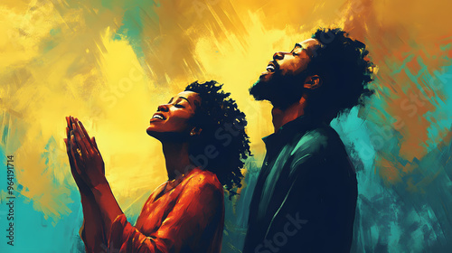 Religious black man and woman pray tto god, belief in the church and jesus christ, illustration of african religion background photo