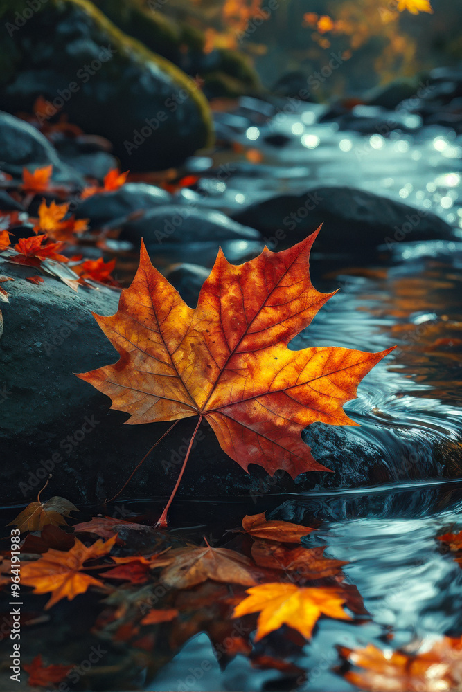Autumn Serenity: A Single Maple Leaf Drifting on Dark Water. Maple leaf on a dark autumn water in the river. generative AI Autumn Serenity: A Single Maple Leaf Drifting on Dark Water. Maple leaf on a dark autumn water in the river. generative AI