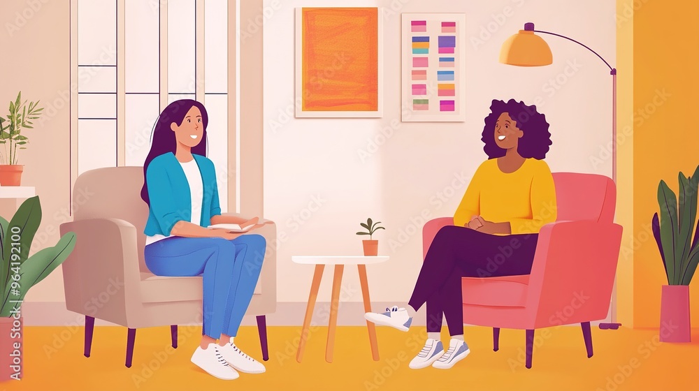 A student talking to a school counselor in a comfortable, private setting, focusing on mental health A student talking to a school counselor in a comfortable, private setting, focusing on mental health