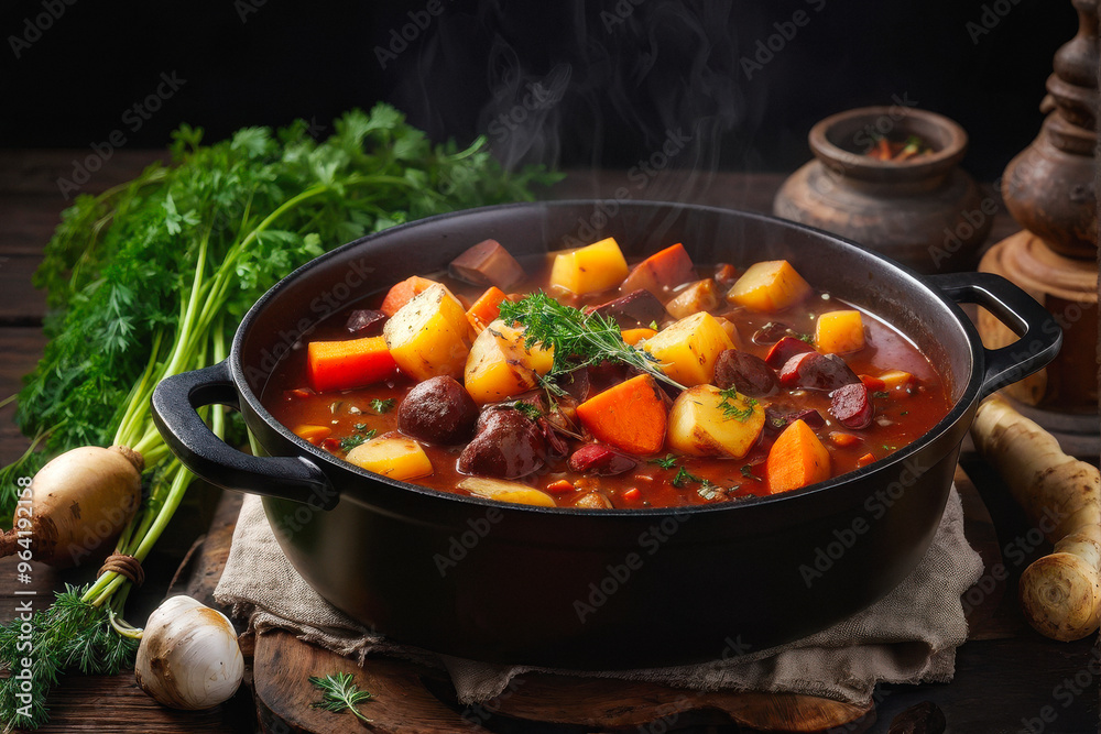 Root Vegetable Stew – A hearty bowl of stew, rich with carrots, beets, and parsnips, in a dark cast-iron pot. A Rustic Autumnal Comfort. generative AI Root Vegetable Stew – A hearty bowl of stew, rich with carrots, beets, and parsnips, in a dark cast-iron pot. A Rustic Autumnal Comfort. generative AI