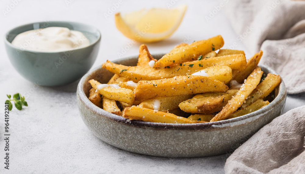 Oven baked fries with garlic aioli sauce. Tasty snack. Delicious food for dinner. Culinary and cooking