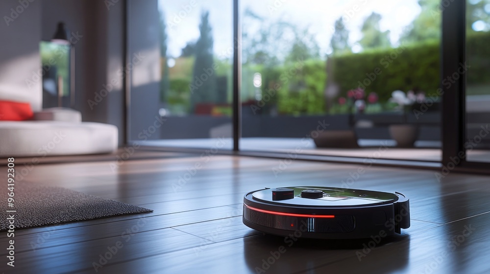 Personal robot assistant vacuuming the floor in a modern, tech-savvy home, showcasing the integration of AI in futuristic housework Personal robot assistant vacuuming the floor in a modern, tech-savvy home, showcasing the integration of AI in futuristic housework
