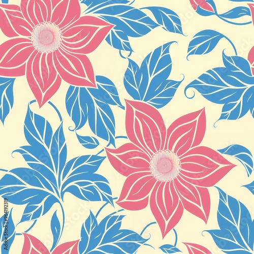 Pink flowers and blue leaves on a yellow background