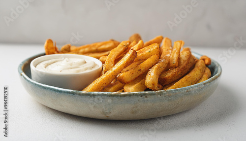 Oven baked fries with garlic aioli sauce. Tasty snack. Delicious food for dinner. Culinary and cooking