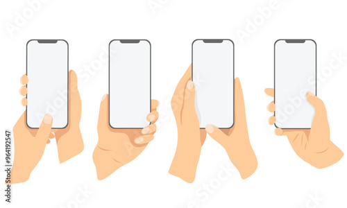 Hand holding mobile phone mockup vector template collection. Flat vector illustrations isolated on white background 