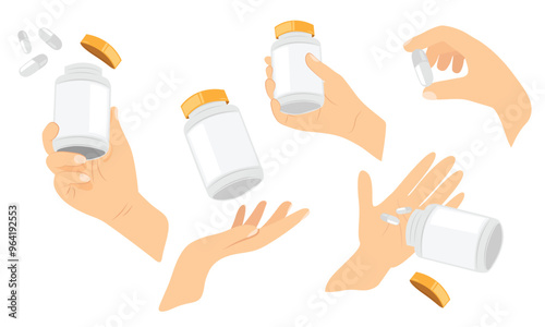 Hand Holding vitamins, take pills, supplements, bottle, capsules. Flat vector illustrations isolated on white background 