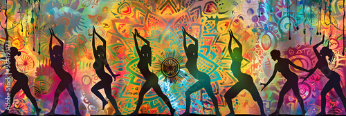 Wallpaper Mural A tapestry of yoga enthusiasts in challenging poses. Blended with a psychedelic mandala background. Social media campaign. Wellness promotion. Mind-body harmony concept.  Torontodigital.ca