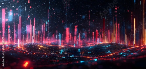 A mesmerizing digital landscape featuring tall neon bars representing data trends against a dark backdrop. The background appears solid. The scene evokes a sense of energy. Investment Analysis Concept