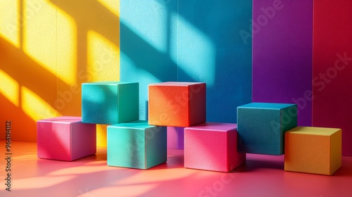 Vibrant Cubes on a Multi-Colored Background: A Playful Exploration of Geometric Beauty and Color