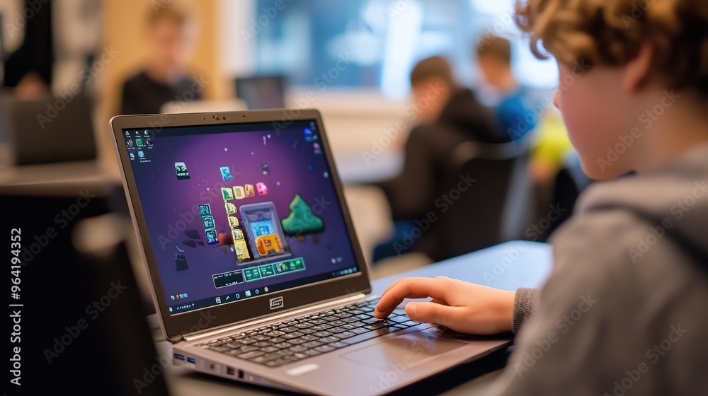A student using a coding platform on a laptop to create their own educational game A student using a coding platform on a laptop to create their own educational game